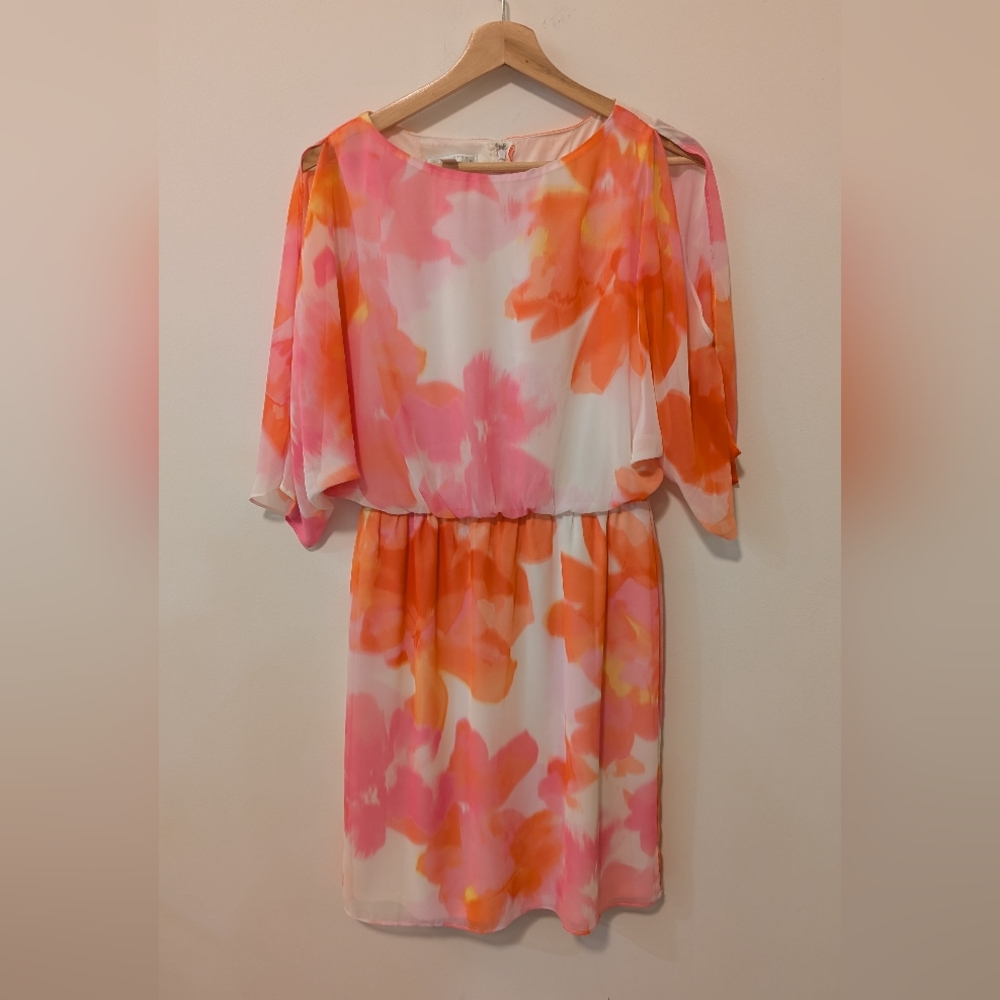London Times Flowy Spilt Sleeve Floral Pink and Orange Knee Length Dress Size 6